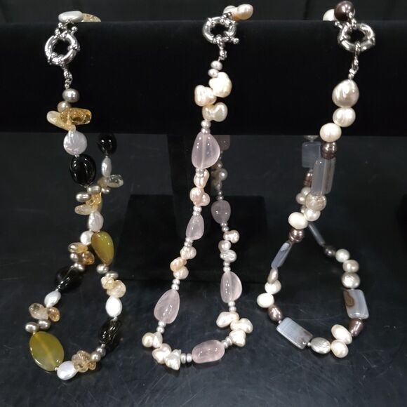 (4) Gemstone Agate Chunky Necklaces Set Statement Tigers Eye Pearls Rose Quartz - Picture 8 of 16